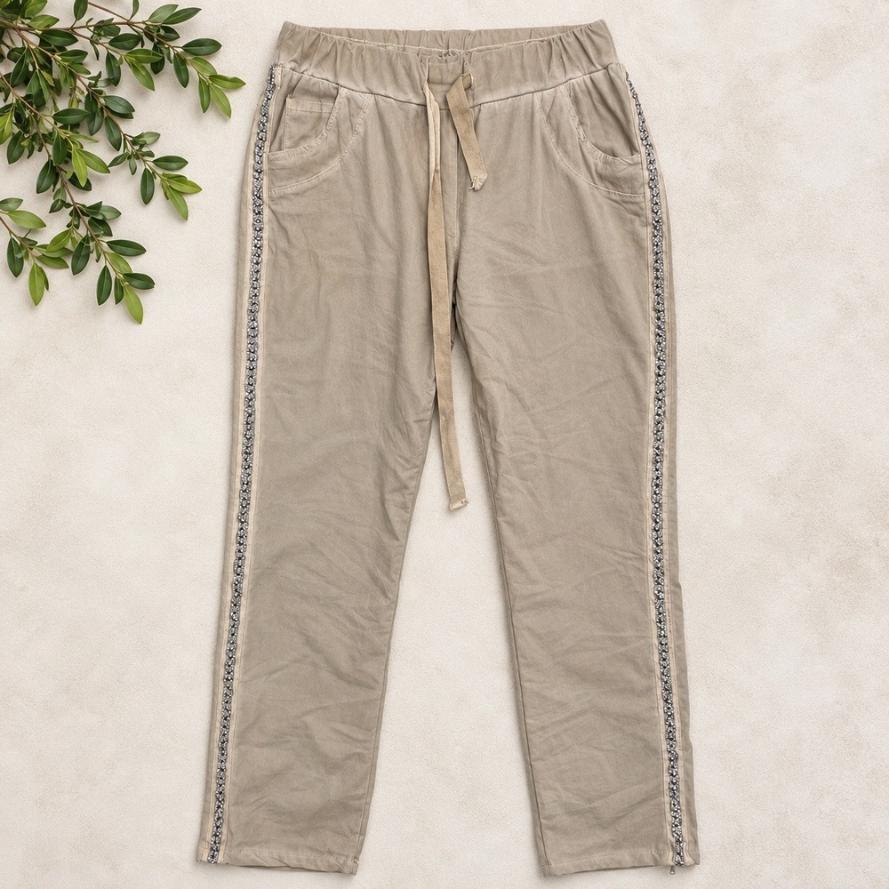Gigi Moda Jogger Pants Tan Studded Side Stripe Made in Italy Chic Streetwear
